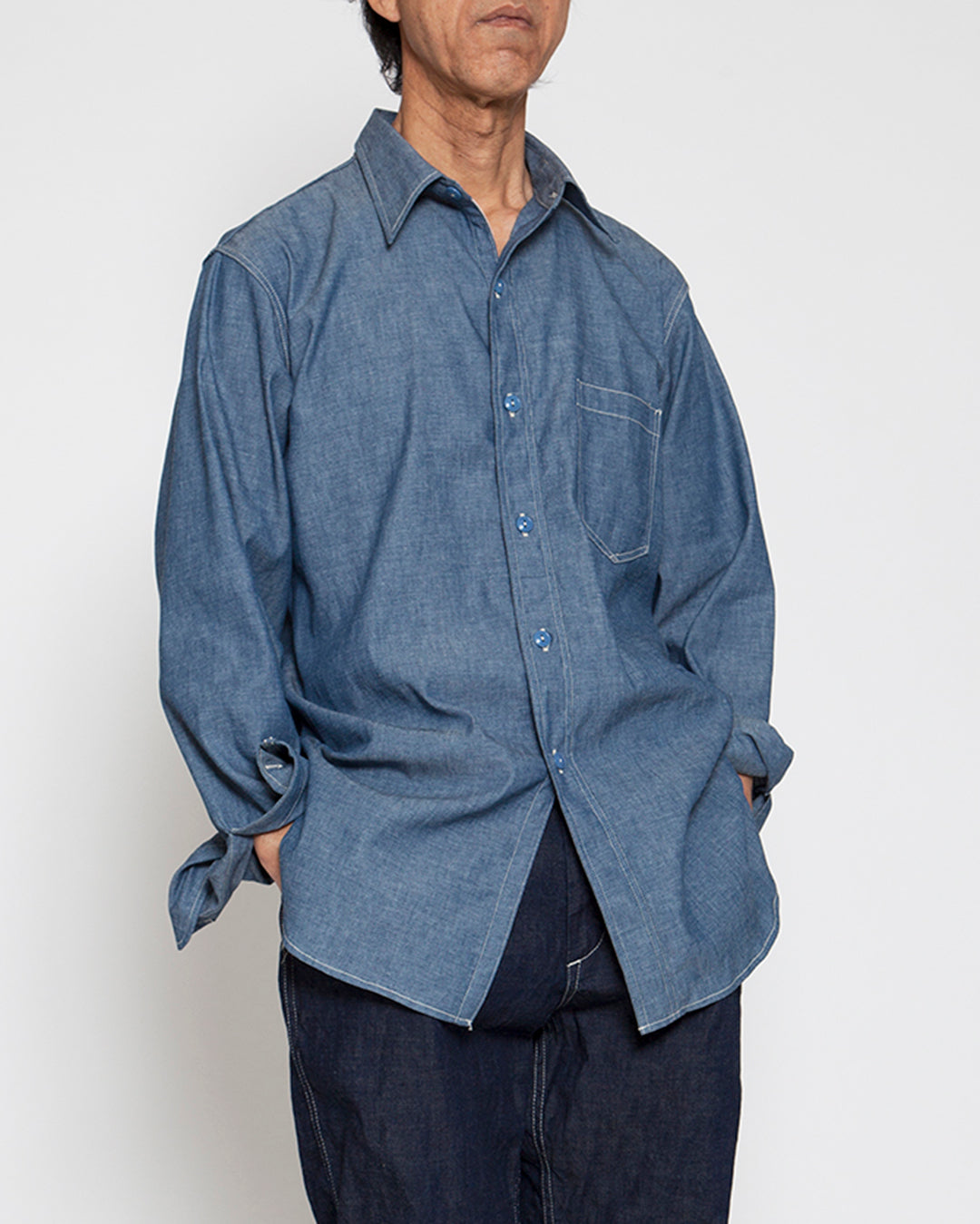 THE CORONA UTILITY - CS001・NAVY 1POCKET SHIRT / Blue Chambray