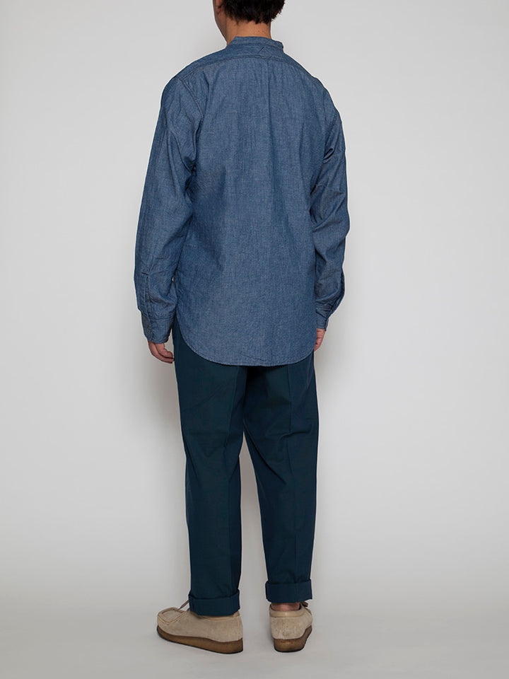 CS099・NAVY 1pocket Band Collar Shirt / Cotton Blue Chambray