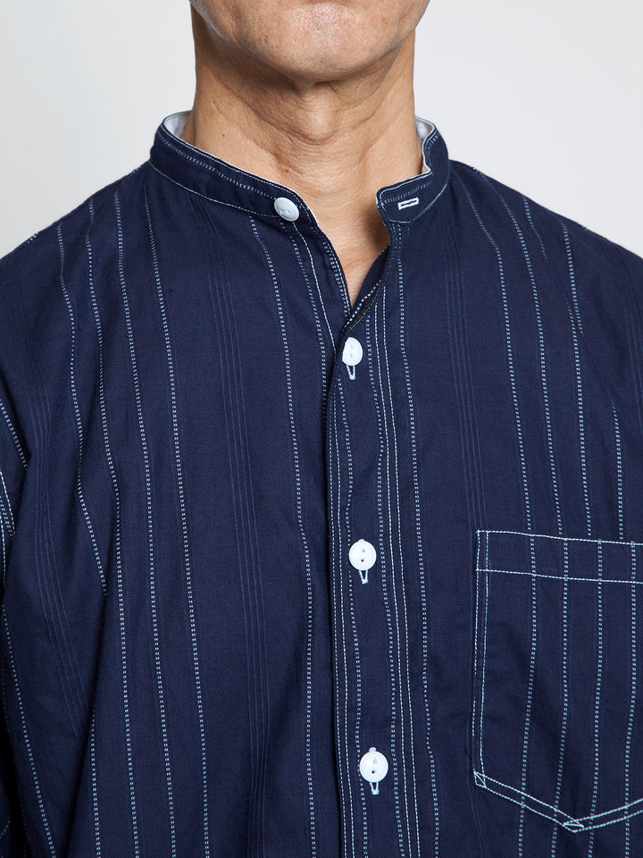 THE CORONA UTILITY - CS099・NAVY 1pocket Band Collar Shirt / Dobby Stripe - White on Indigo