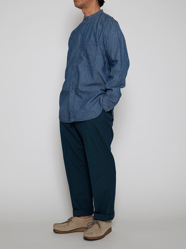 CS099・NAVY 1pocket Band Collar Shirt / Cotton Blue Chambray