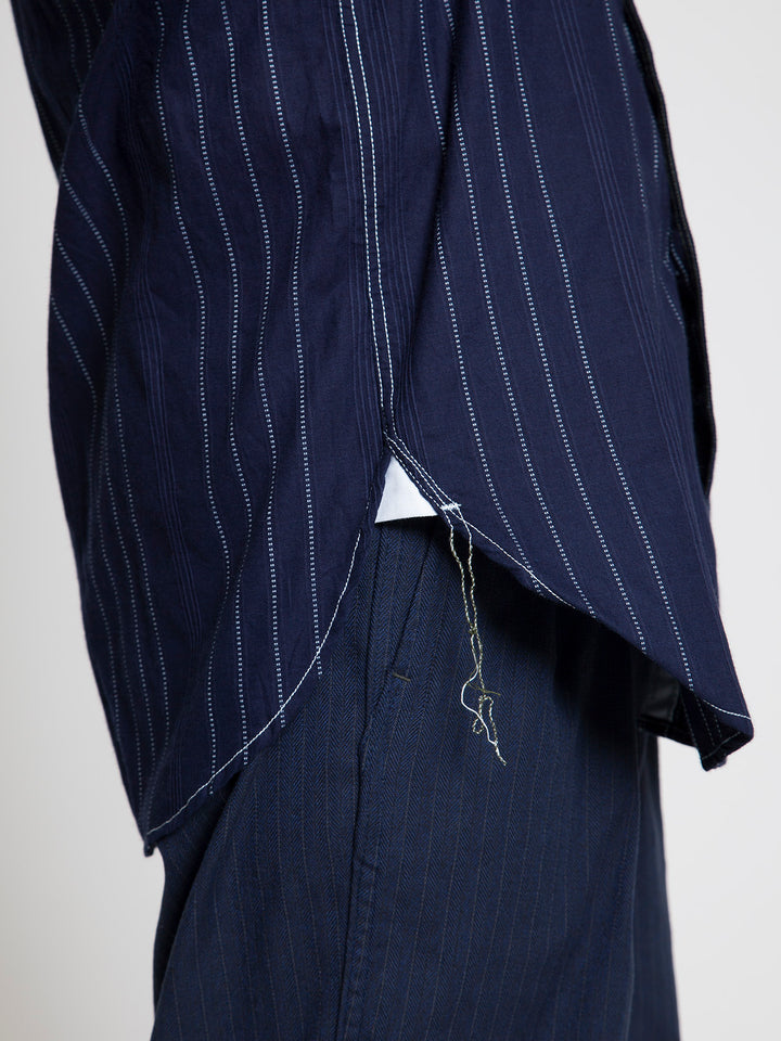 CS099・NAVY 1pocket Band Collar Shirt / Dobby Stripe - White on Indigo
