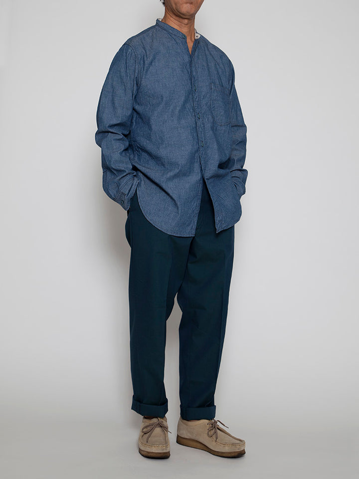 CS099・NAVY 1pocket Band Collar Shirt / Cotton Blue Chambray
