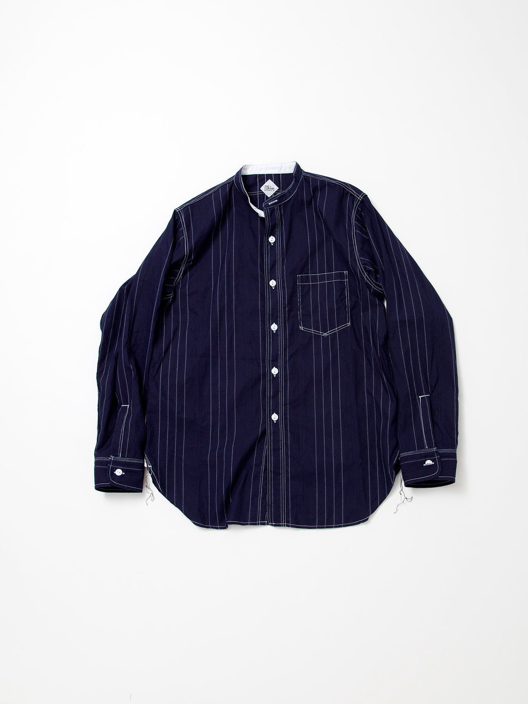 THE CORONA UTILITY - CS099・NAVY 1pocket Band Collar Shirt / Dobby Stripe - White on Indigo