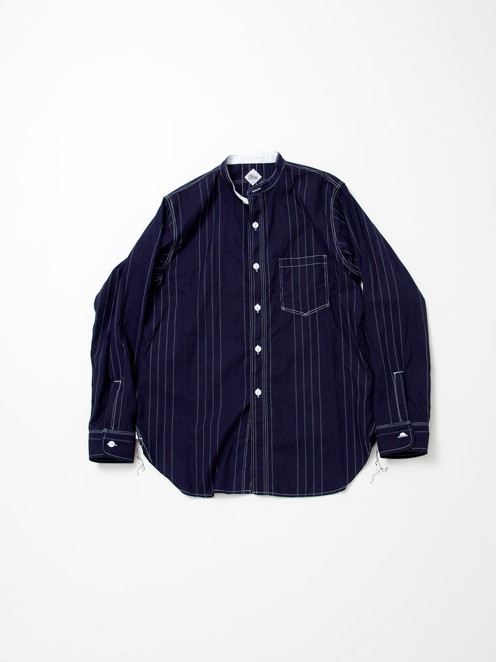 CS099・NAVY 1pocket Band Collar Shirt / Dobby Stripe - White on Indigo