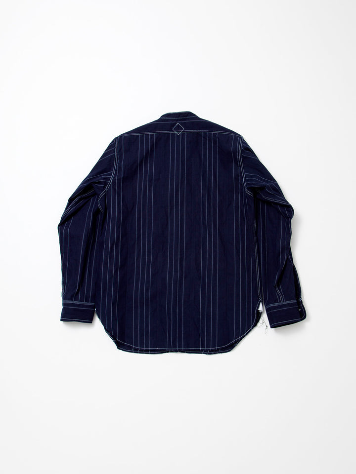 THE CORONA UTILITY - CS099・NAVY 1pocket Band Collar Shirt / Dobby Stripe - White on Indigo
