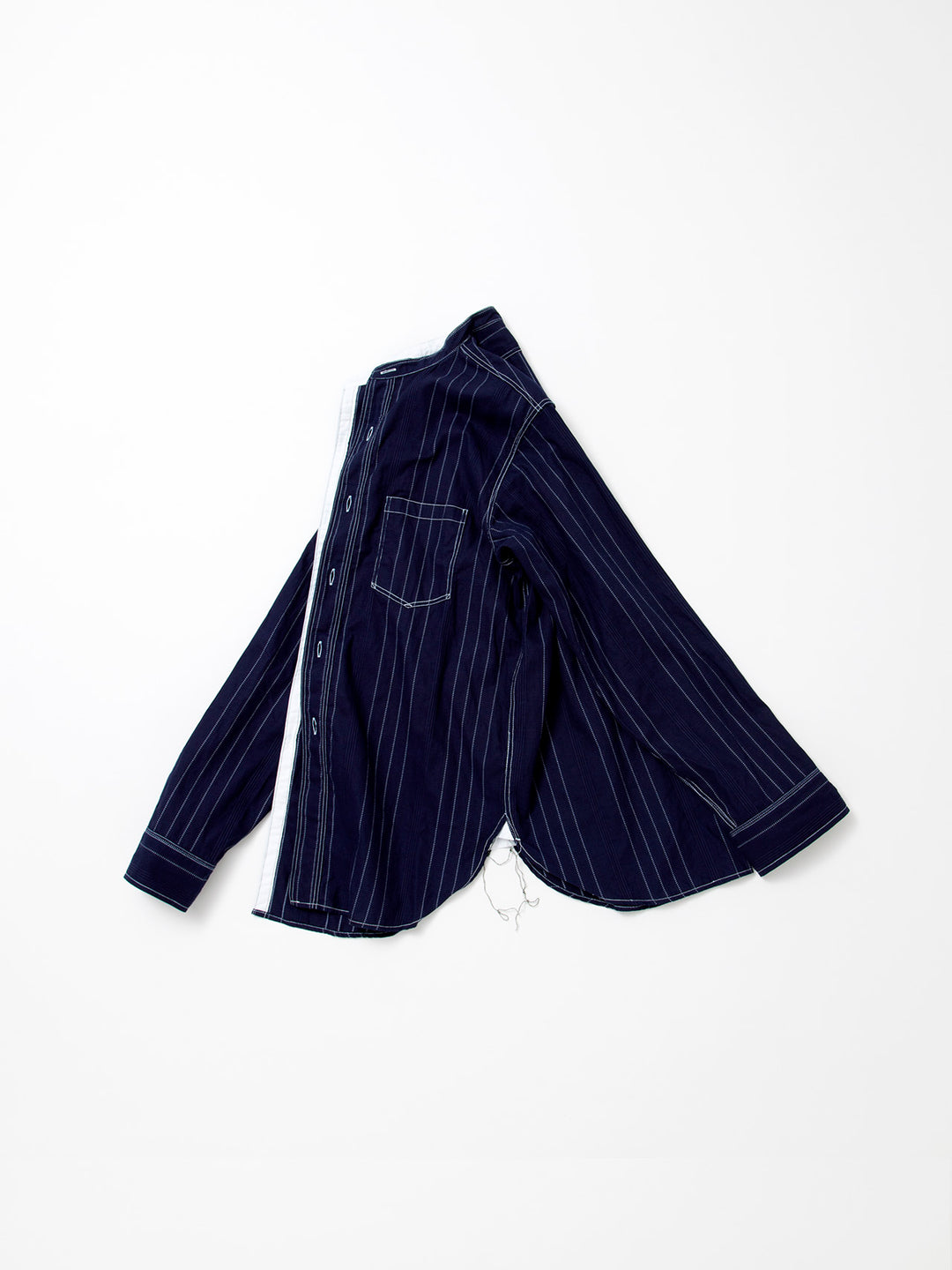 THE CORONA UTILITY - CS099・NAVY 1pocket Band Collar Shirt / Dobby Stripe - White on Indigo