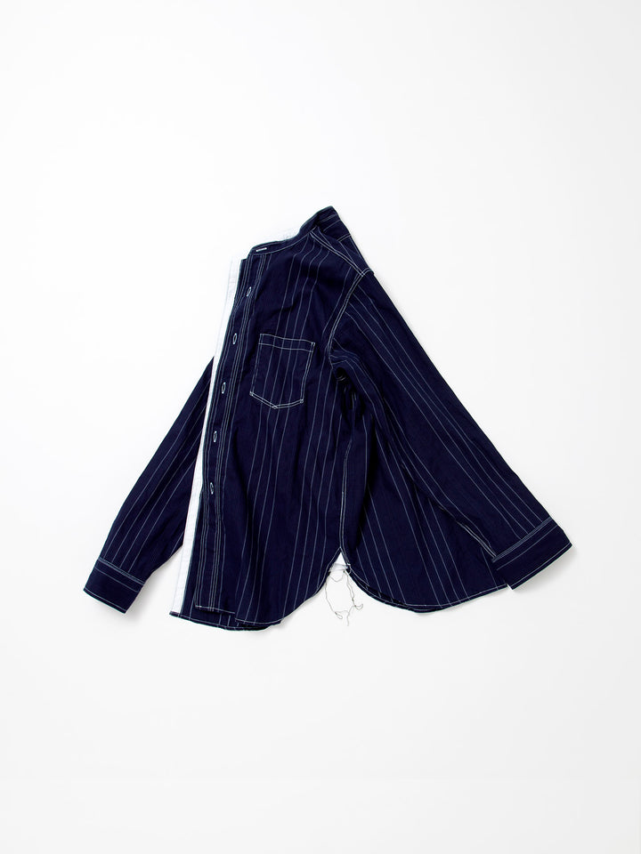CS099・NAVY 1pocket Band Collar Shirt / Dobby Stripe - White on Indigo