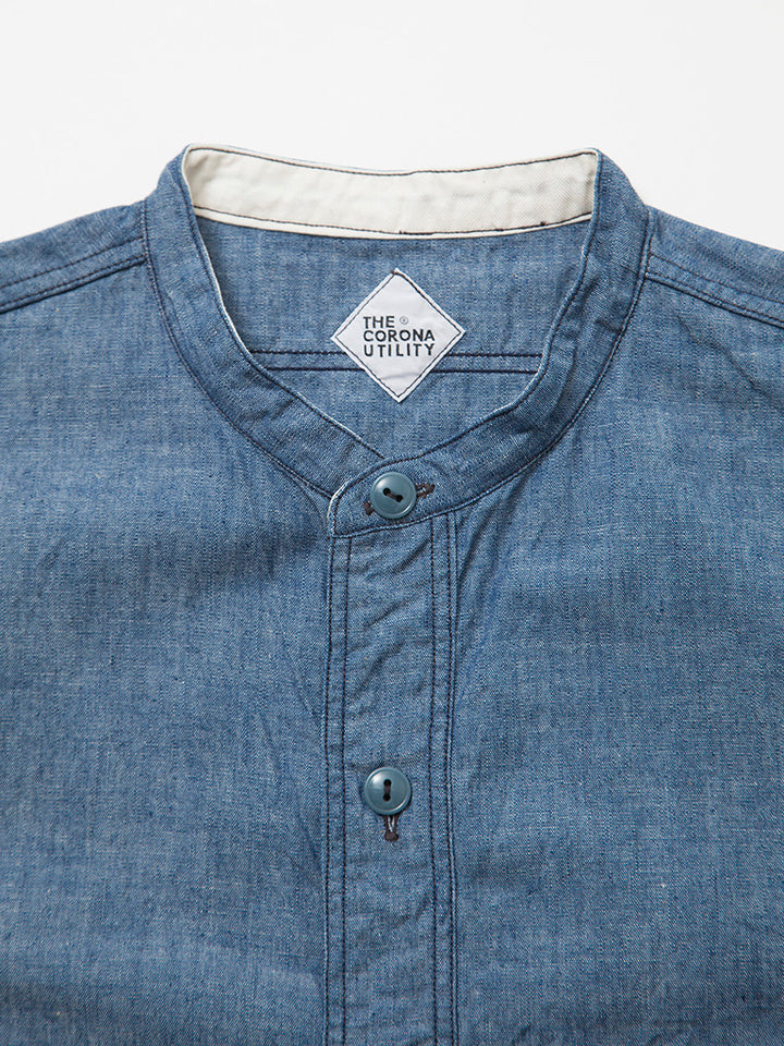 CS099・NAVY 1pocket Band Collar Shirt / Cotton Blue Chambray