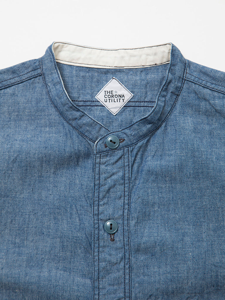 CS099 - CORONA・NAVY 1pocket Band Collar Shirt / Cotton Blue Chambray