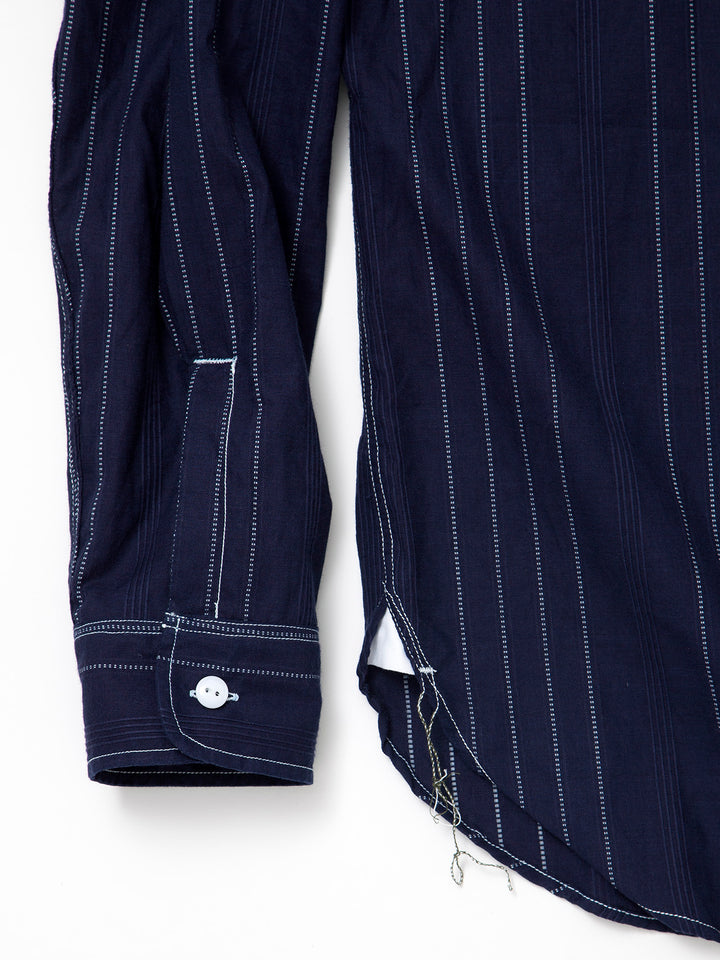 CS099・NAVY 1pocket Band Collar Shirt / Dobby Stripe - White on Indigo