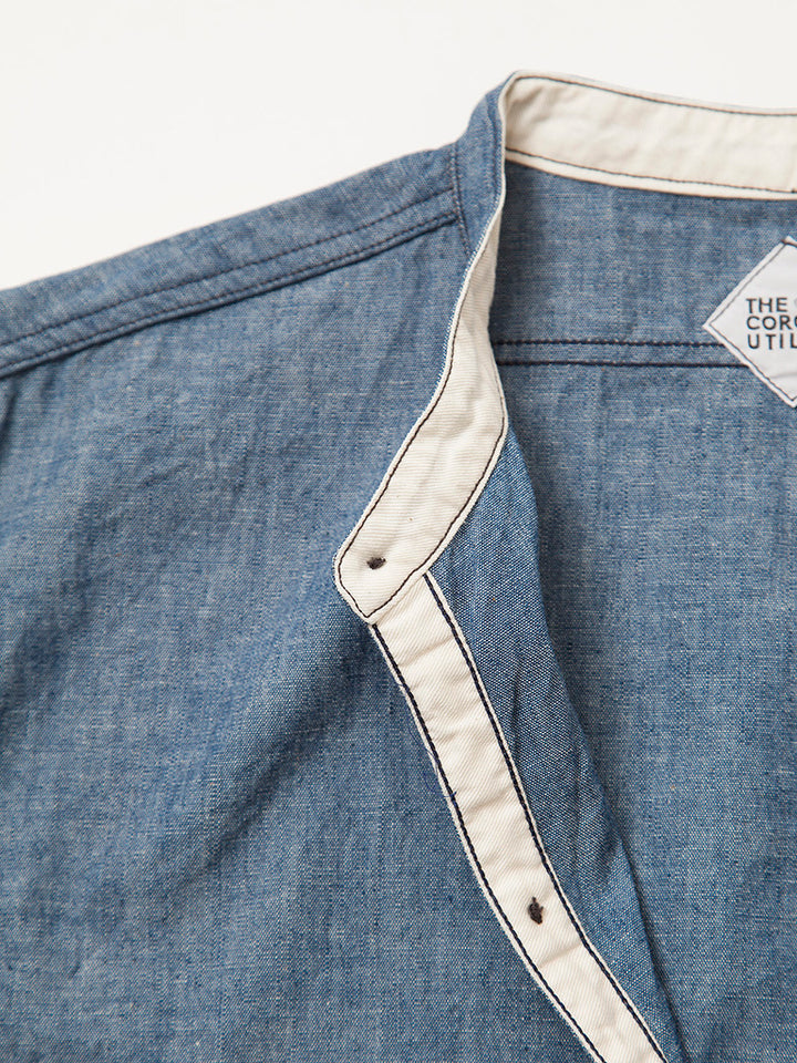 CS099・NAVY 1pocket Band Collar Shirt / Cotton Blue Chambray