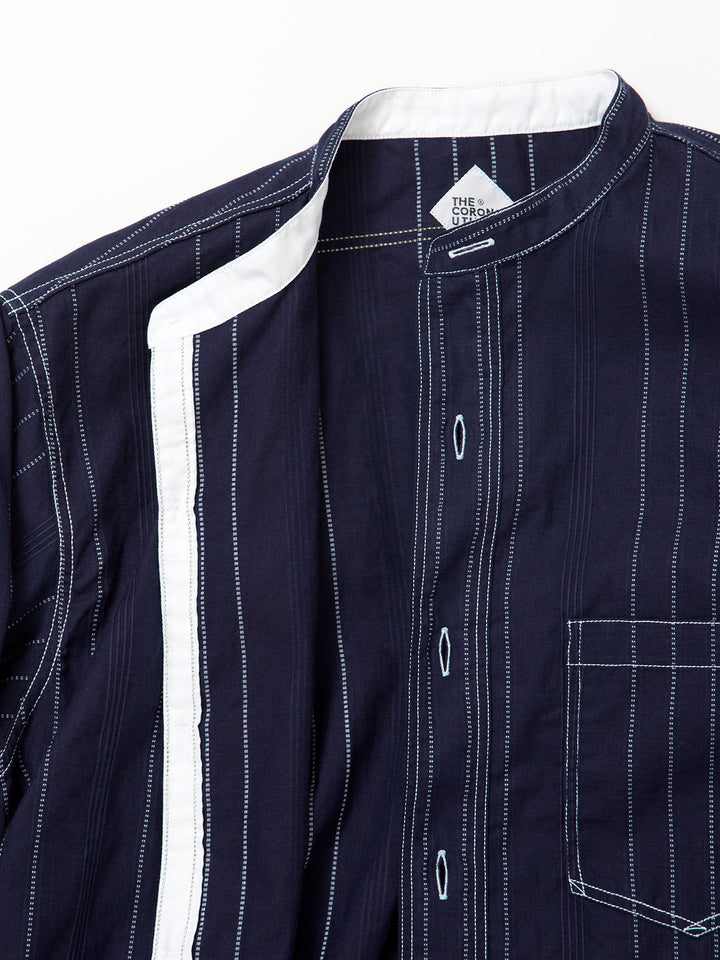 CS099・NAVY 1pocket Band Collar Shirt / Dobby Stripe - White on Indigo