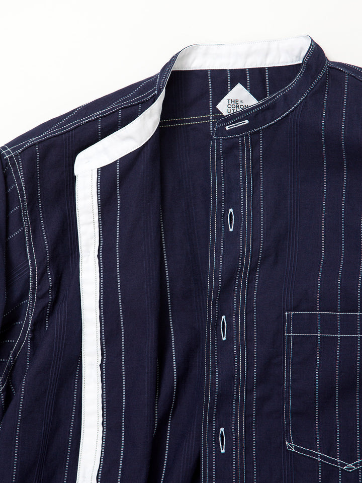 THE CORONA UTILITY - CS099・NAVY 1pocket Band Collar Shirt / Dobby Stripe - White on Indigo