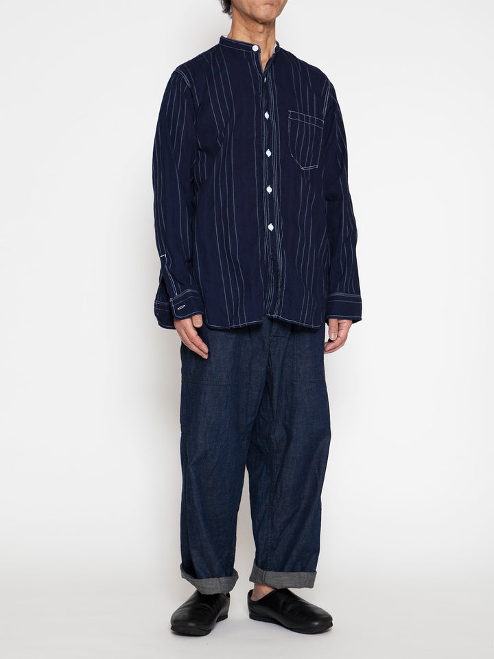 THE CORONA UTILITY - CS099・NAVY 1pocket Band Collar Shirt / Dobby Stripe - White on Indigo