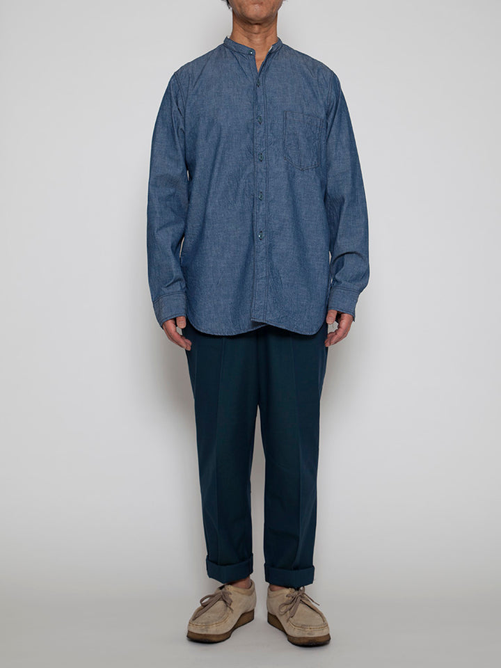 CS099・NAVY 1pocket Band Collar Shirt / Cotton Blue Chambray
