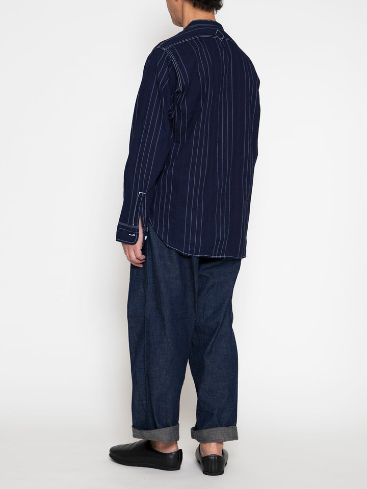 CS099・NAVY 1pocket Band Collar Shirt / Dobby Stripe - White on Indigo