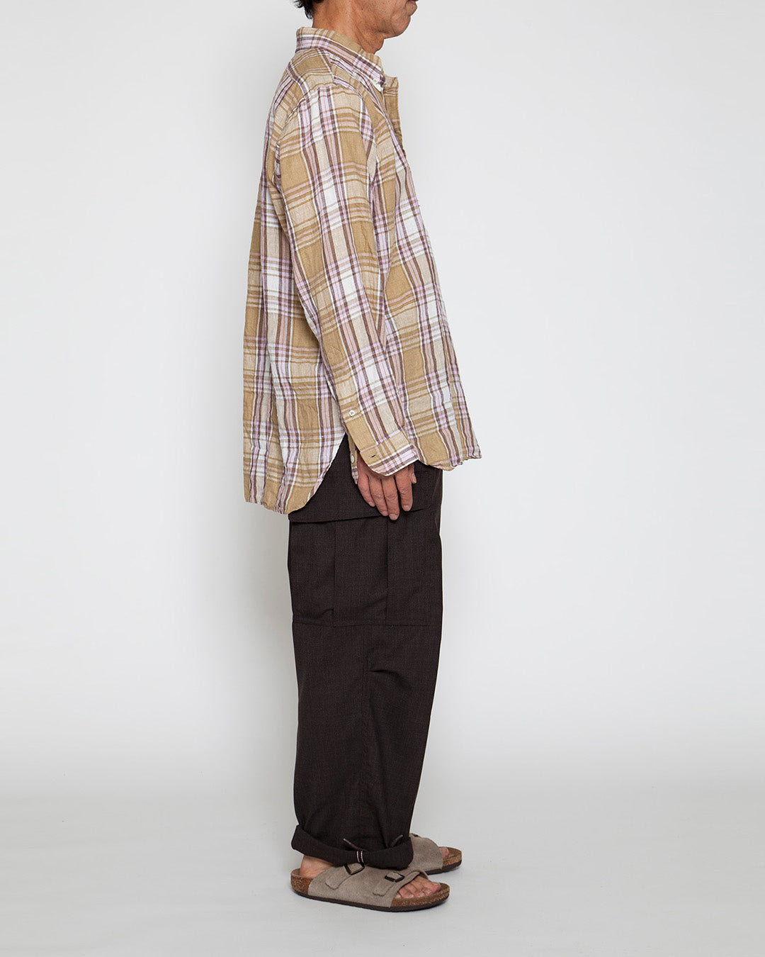 CS005・White Collar Pullover Work Shirt / Khaki × Pink