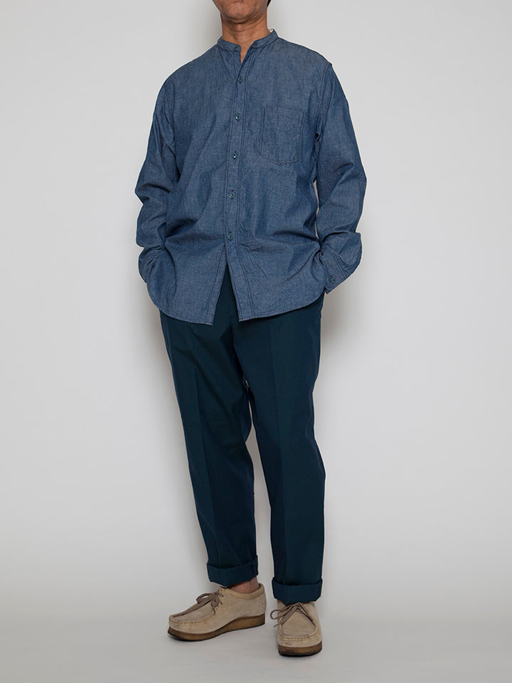CS099・NAVY 1pocket Band Collar Shirt / Cotton Blue Chambray