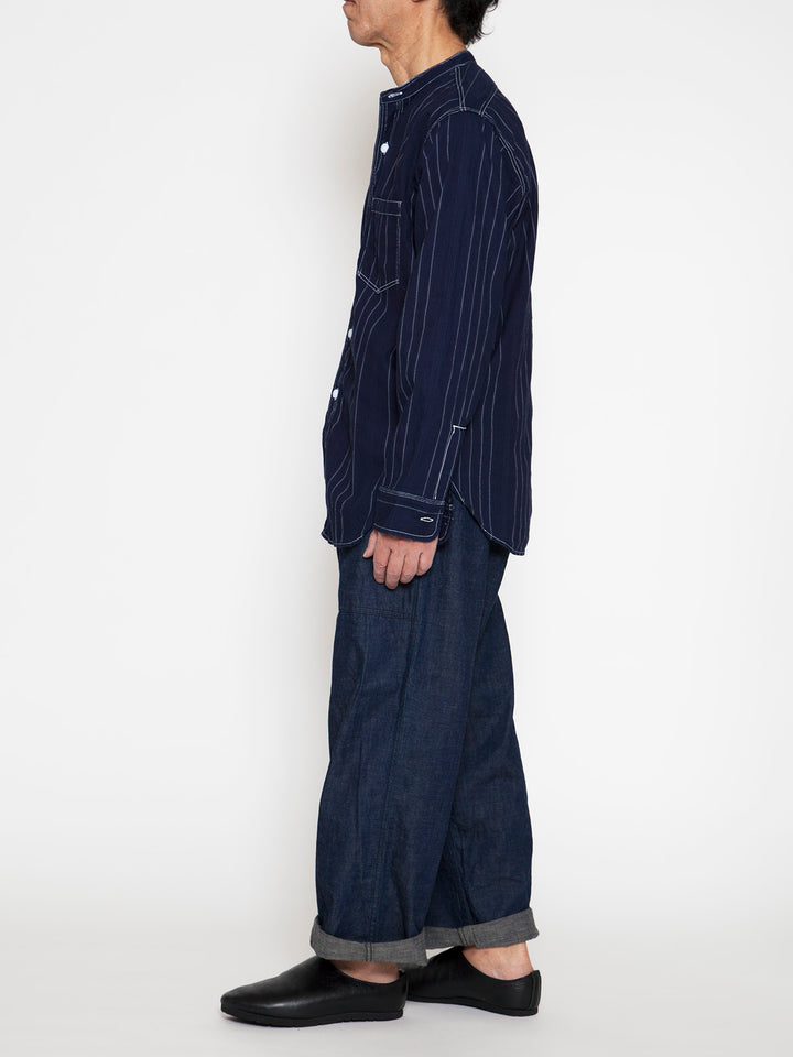 THE CORONA UTILITY - CS099・NAVY 1pocket Band Collar Shirt / Dobby Stripe - White on Indigo